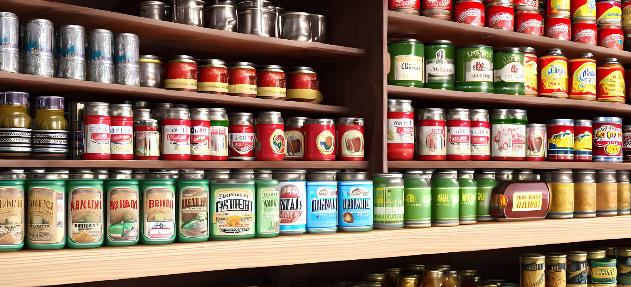 Various Canned Goods and Beverages on Wooden Pantry Shelves