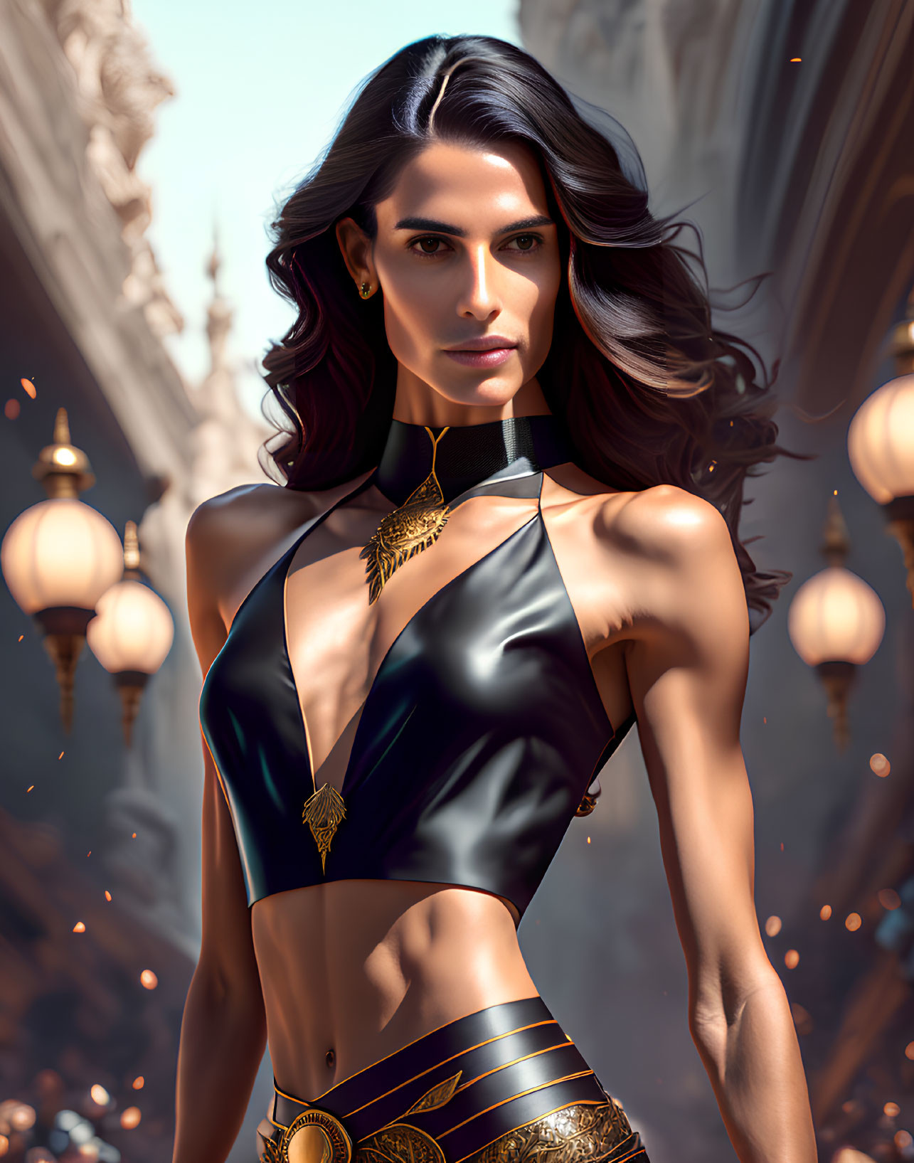 Long-haired woman in black and gold halter top in Arabian fantasy scene