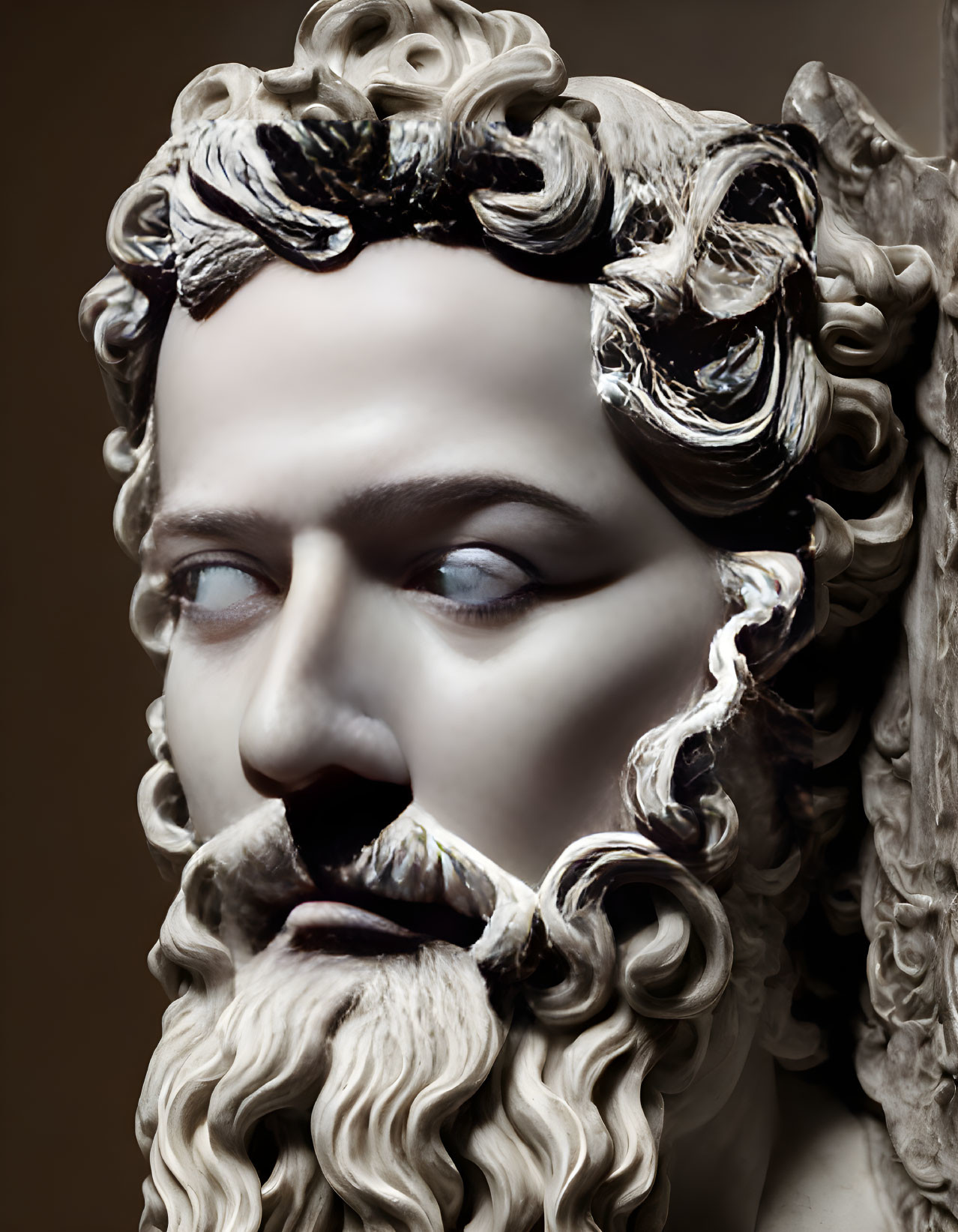 Detailed Marble Bust of Bearded Male Figure with Wavy Hair