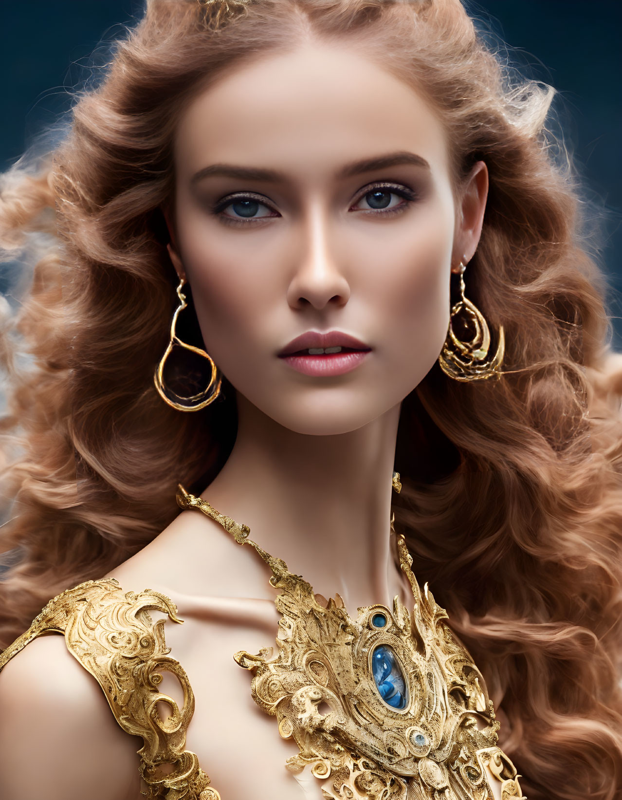 Portrait of woman with curly hair, blue eyes, and golden jewelry on blue background