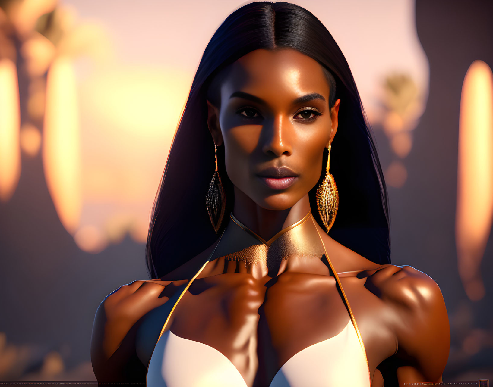Confident woman with sleek hair and golden earrings in sunset backdrop