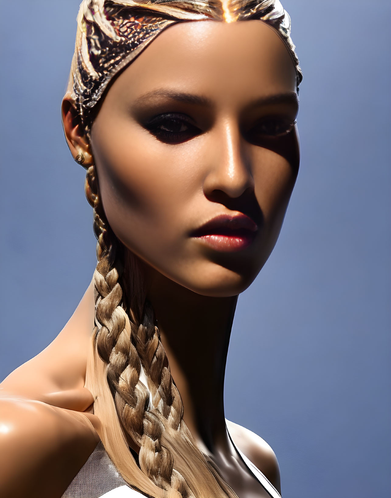 Braided Hairstyle Woman with Contoured Makeup & Headband on Blue Background