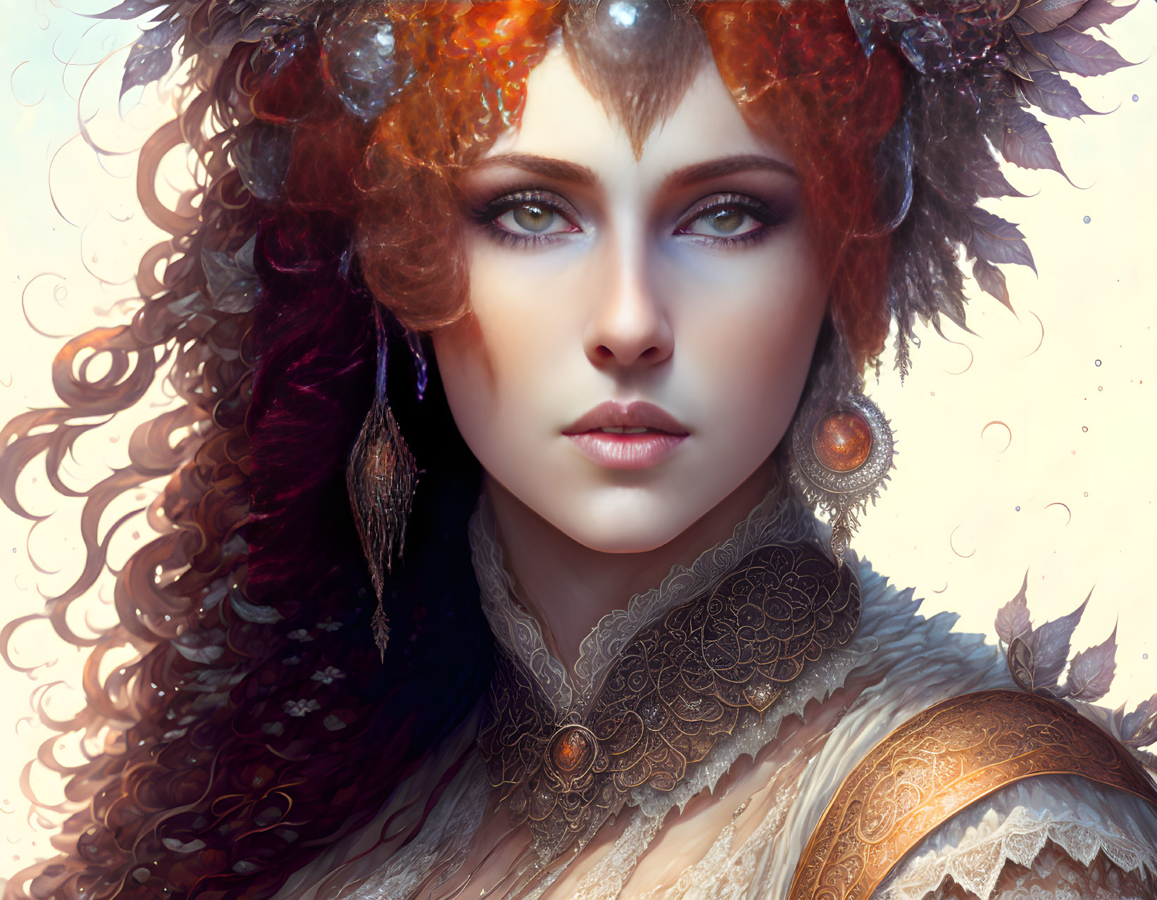Detailed autumn-themed woman illustration with ornate headwear and jewelry in warm colors