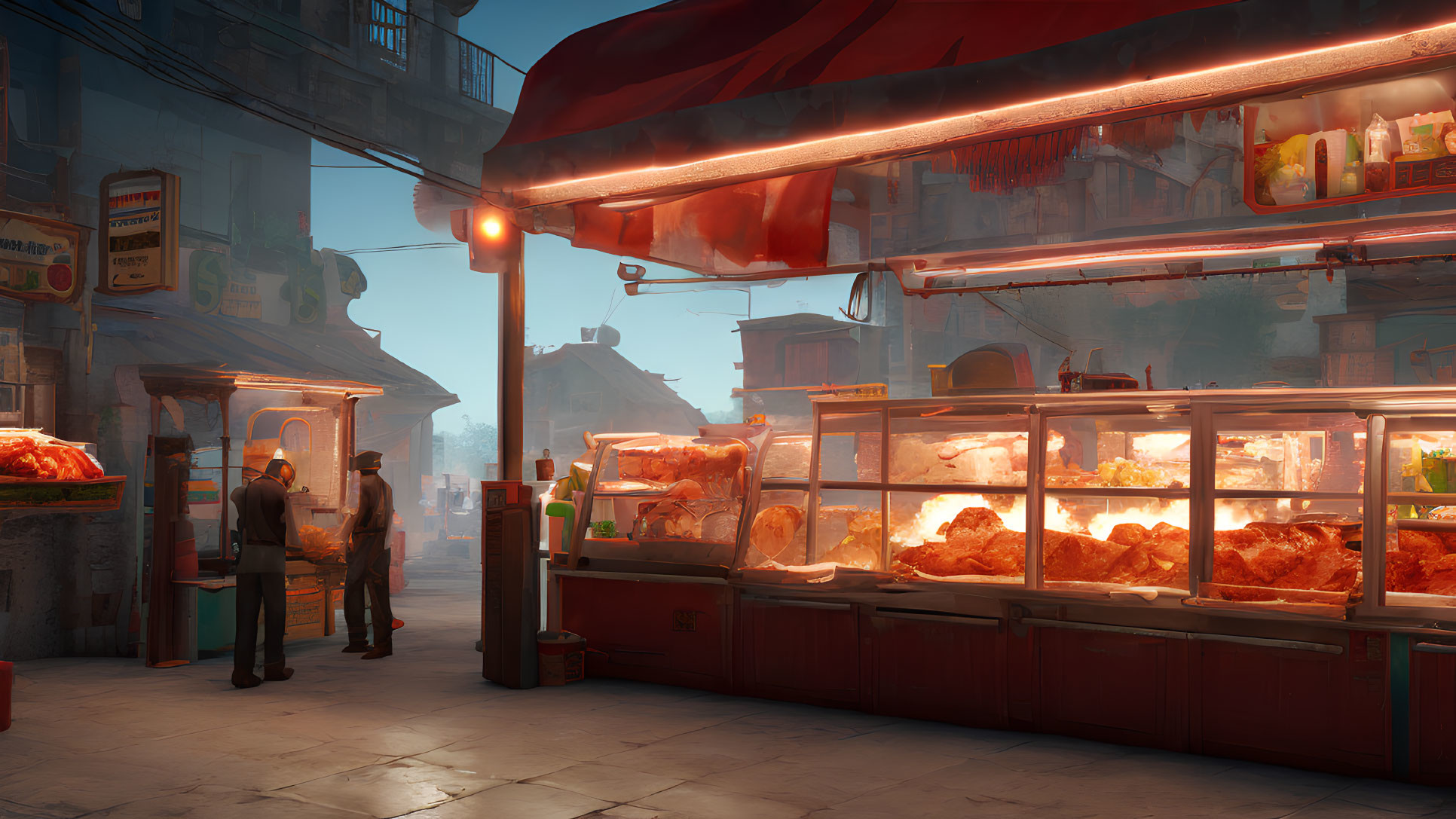 Vibrant Dusk Street Market with Food Stalls and Cozy Lighting