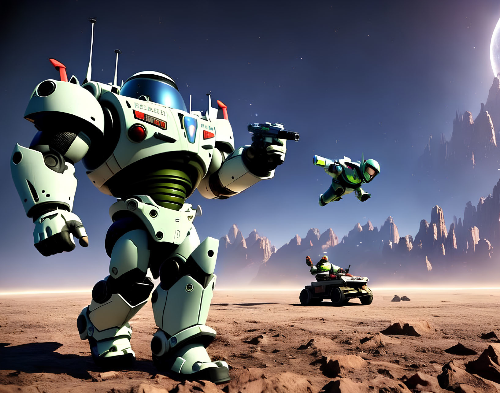 Giant robot in desert landscape with flying figure and alien terrain.