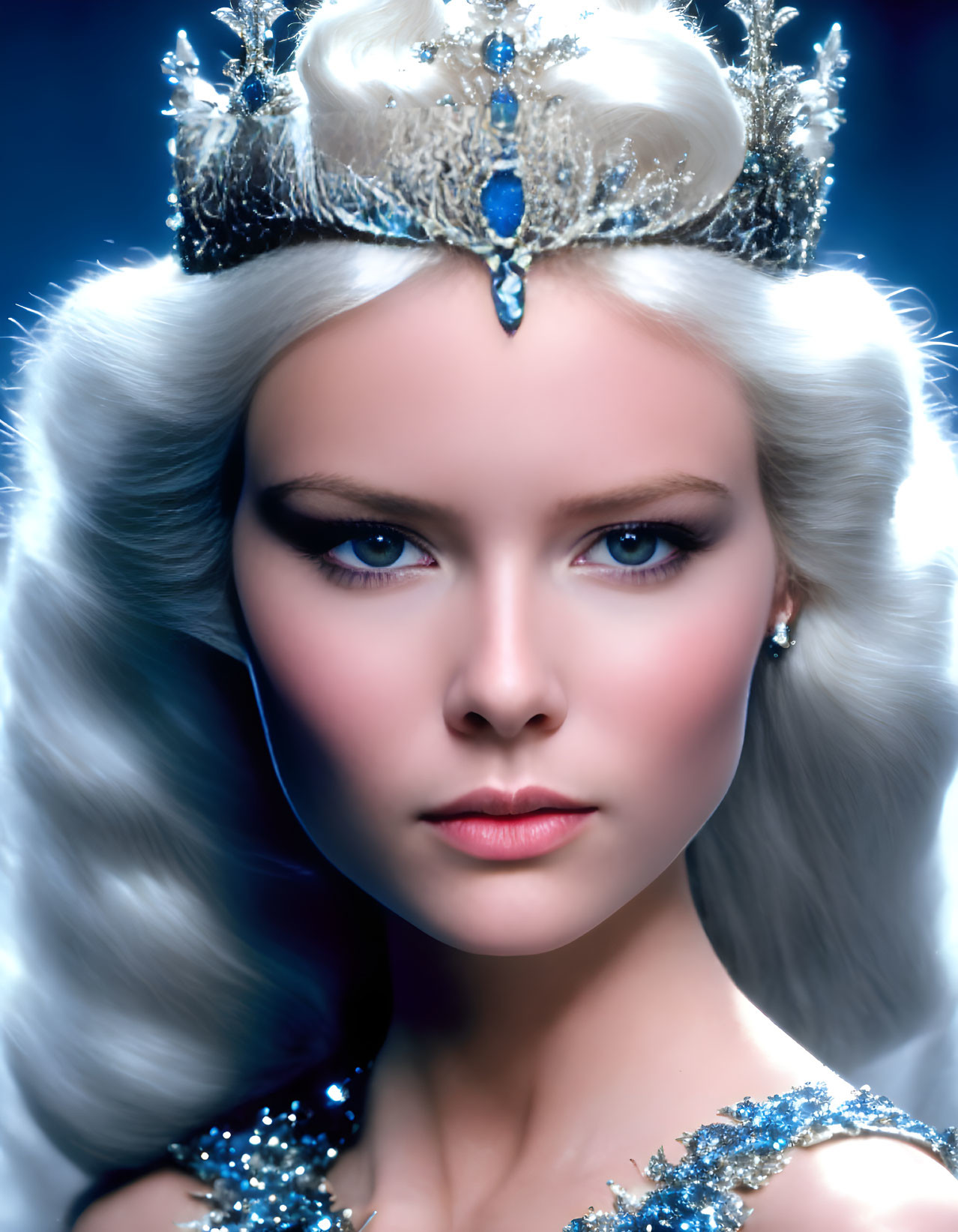 Woman with Blue Eyes in Silver Crown and Gem-Studded Blue Gown