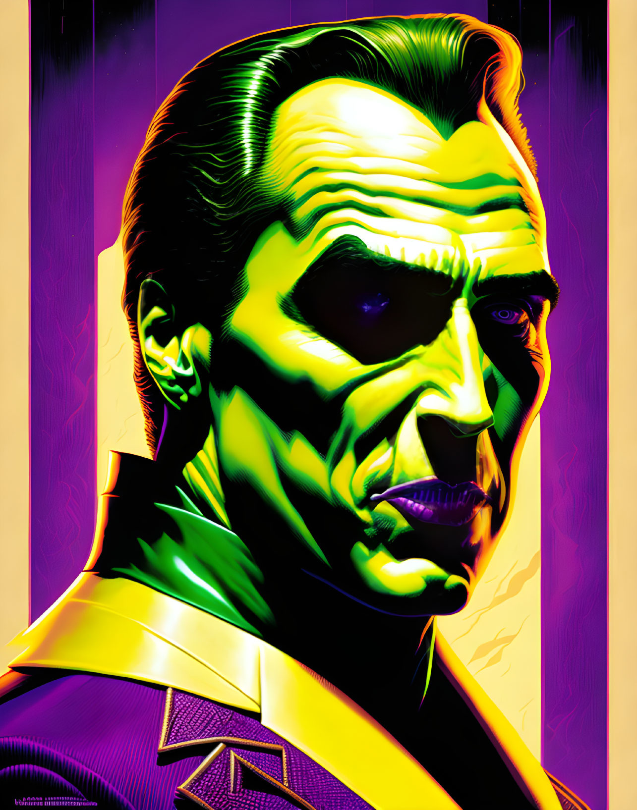 Colorful stylized male portrait with exaggerated contrasts in purple, yellow, and green.