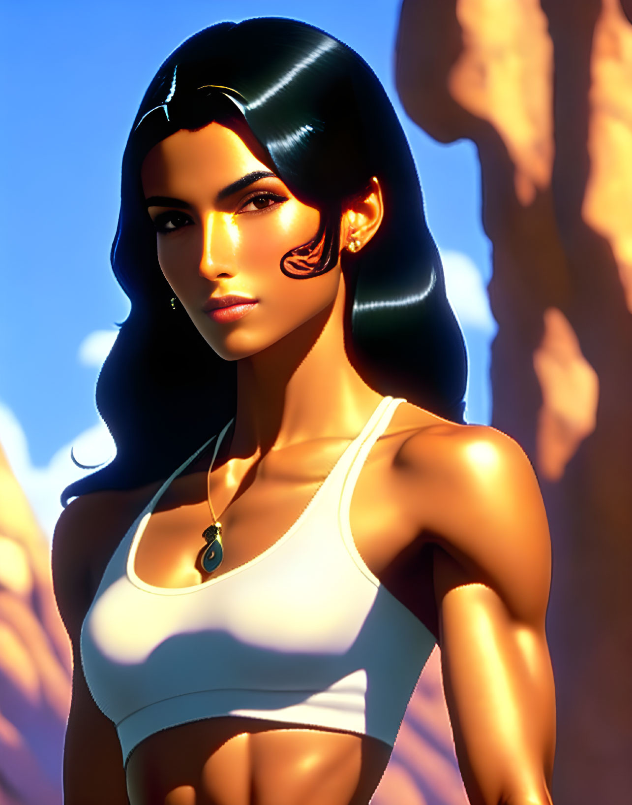 Sleek black-haired animated character with eye tattoo in white tank top