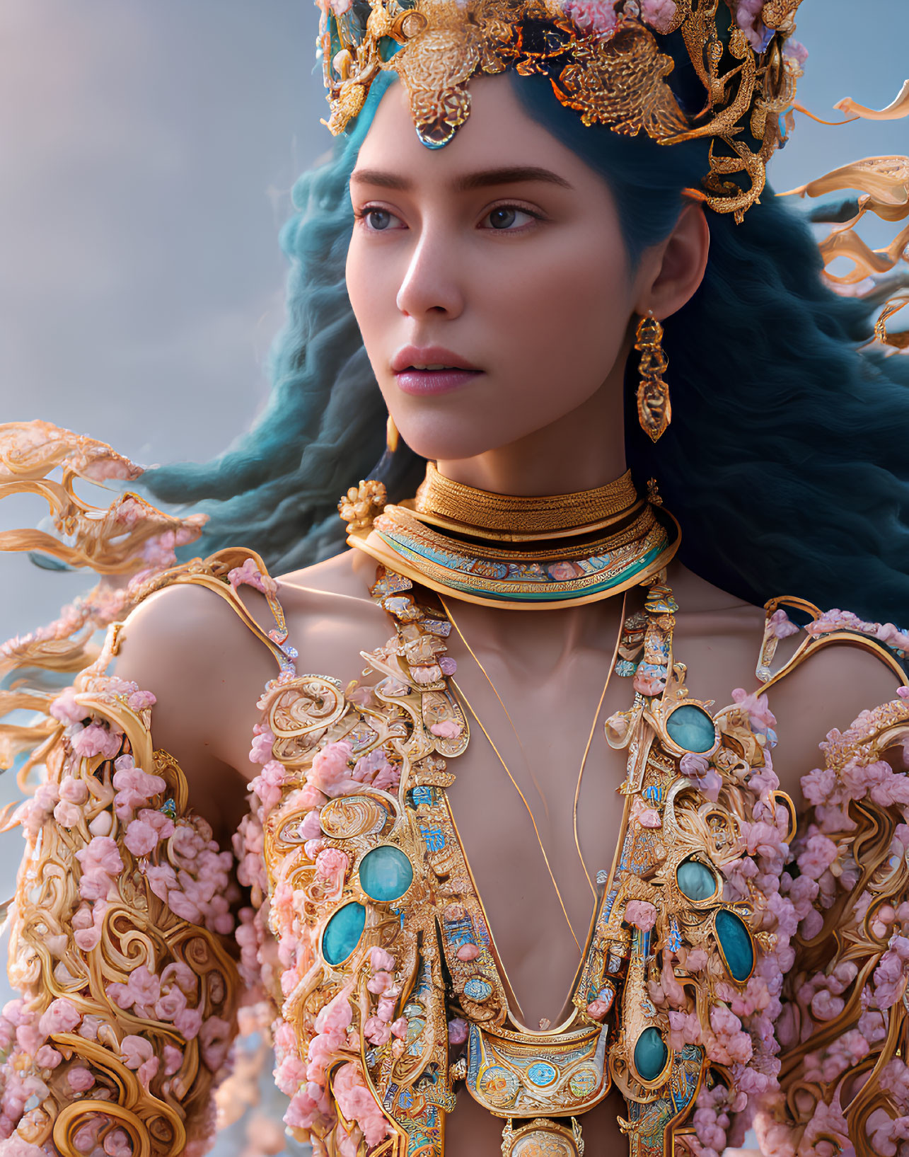 Regal woman with blue hair in ornate gold crown and jewelry against soft sky backdrop