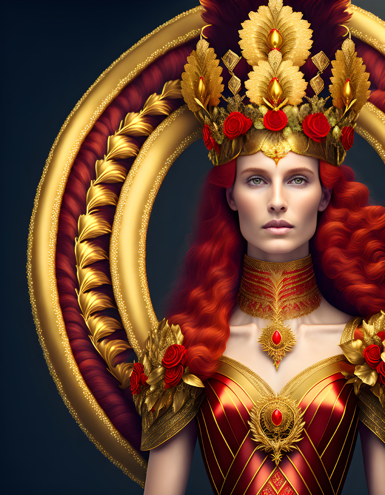 Regal woman with intricate gold and red headdress and fiery red hair against dark background