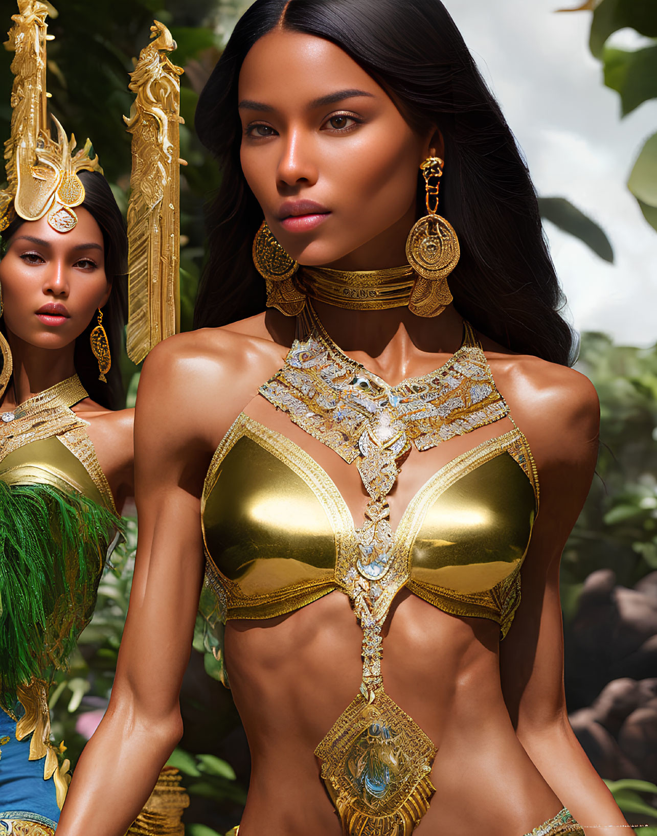 Luxurious gold-themed attire and elaborate jewelry on a woman in a tropical setting