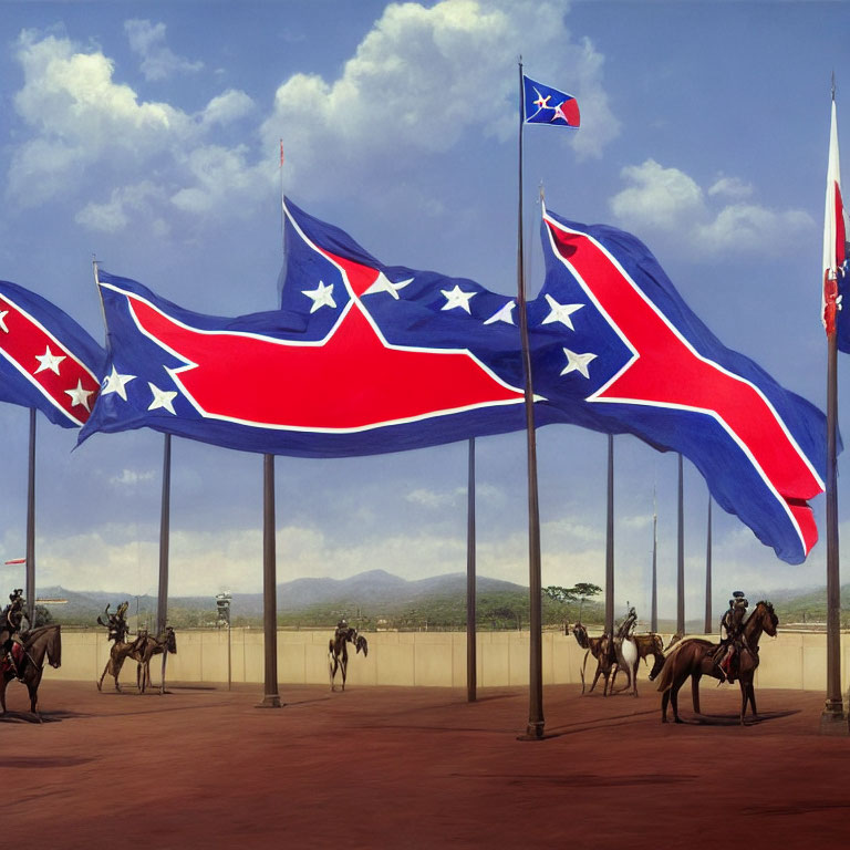 Digitally altered image of oversized Confederate battle flags and Civil War-era cavalrymen.