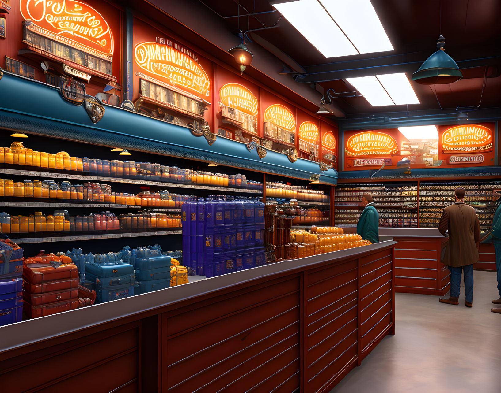 Colorful candy store interior with stocked shelves, browsing customers, and vintage decor.