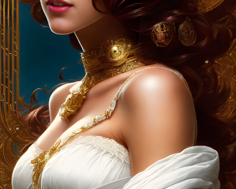 Digital Artwork: Woman with Flowing Brown Hair and Golden Adornments