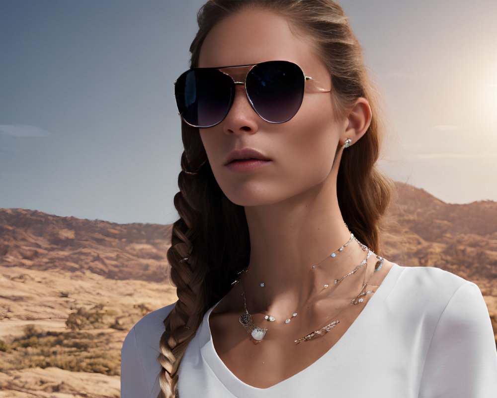 Woman with Braided Hair in Sunglasses and Jewelry in Desert Setting