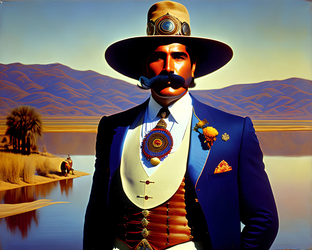 Surreal portrait of man with large mustache in ornate suit against stylized landscape