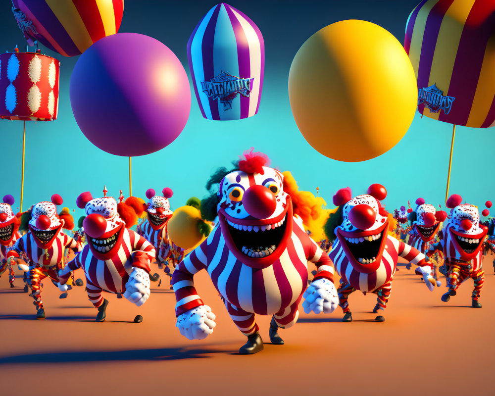 Colorful clowns with exaggerated smiles running towards floating balloons in a surreal scene