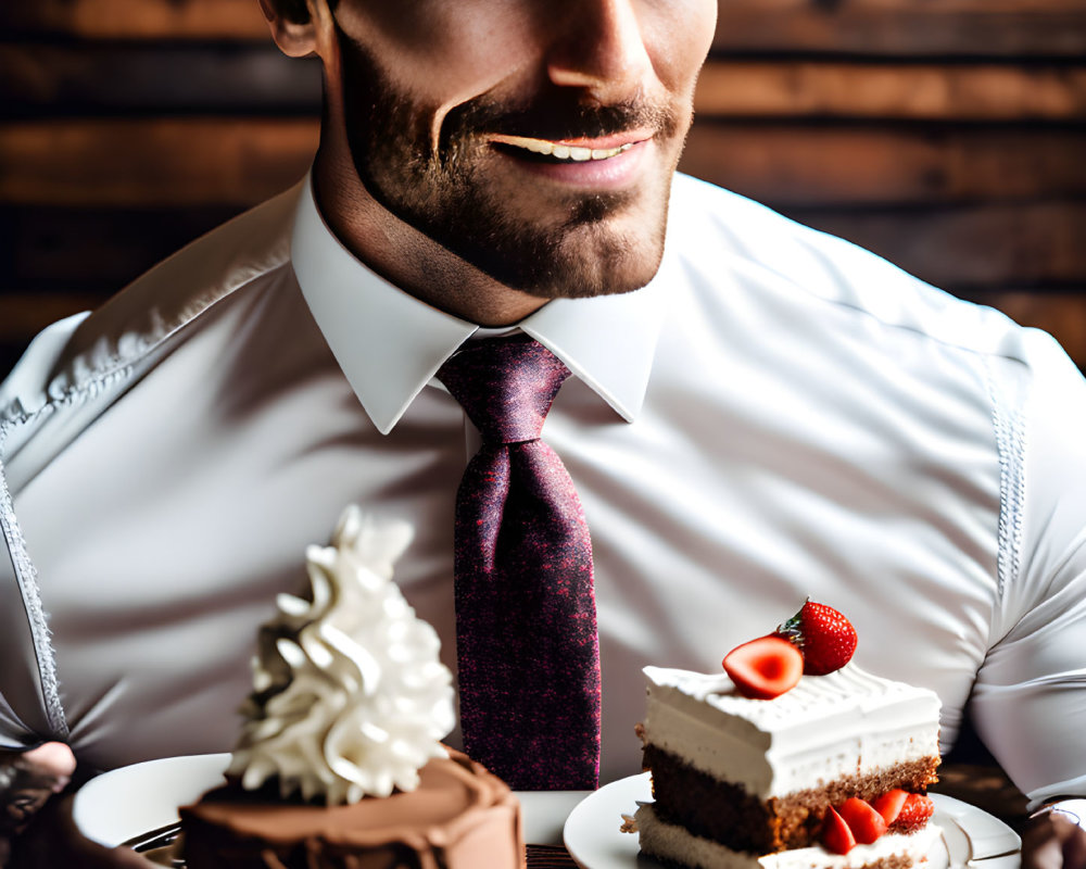 Smiling man in white shirt with cakes on table