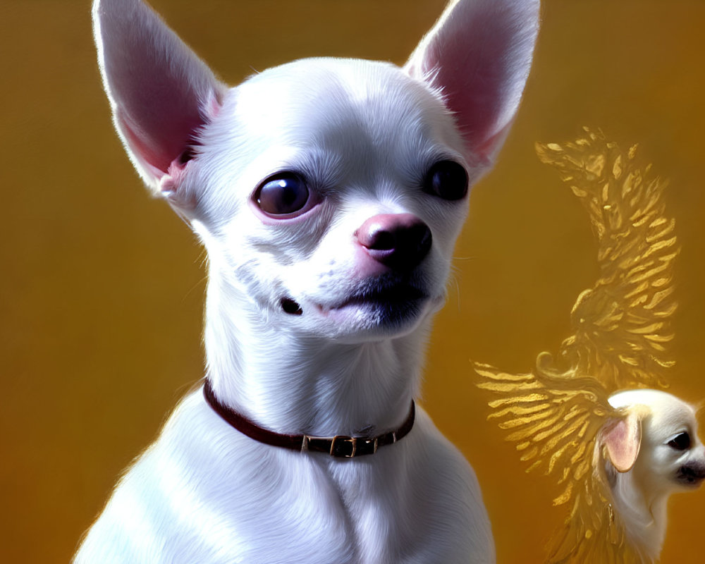 Two Chihuahuas: White with Brown Collar and Wing-like Design Background