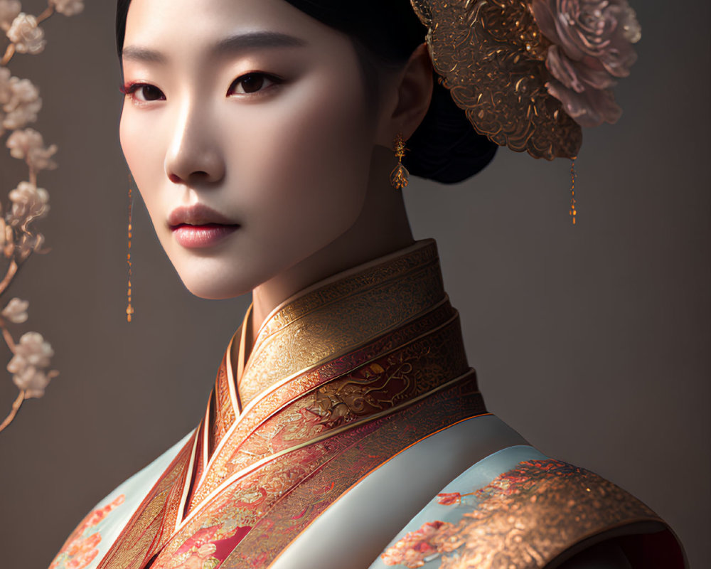 Traditional Asian Attire Portrait with Gold Designs