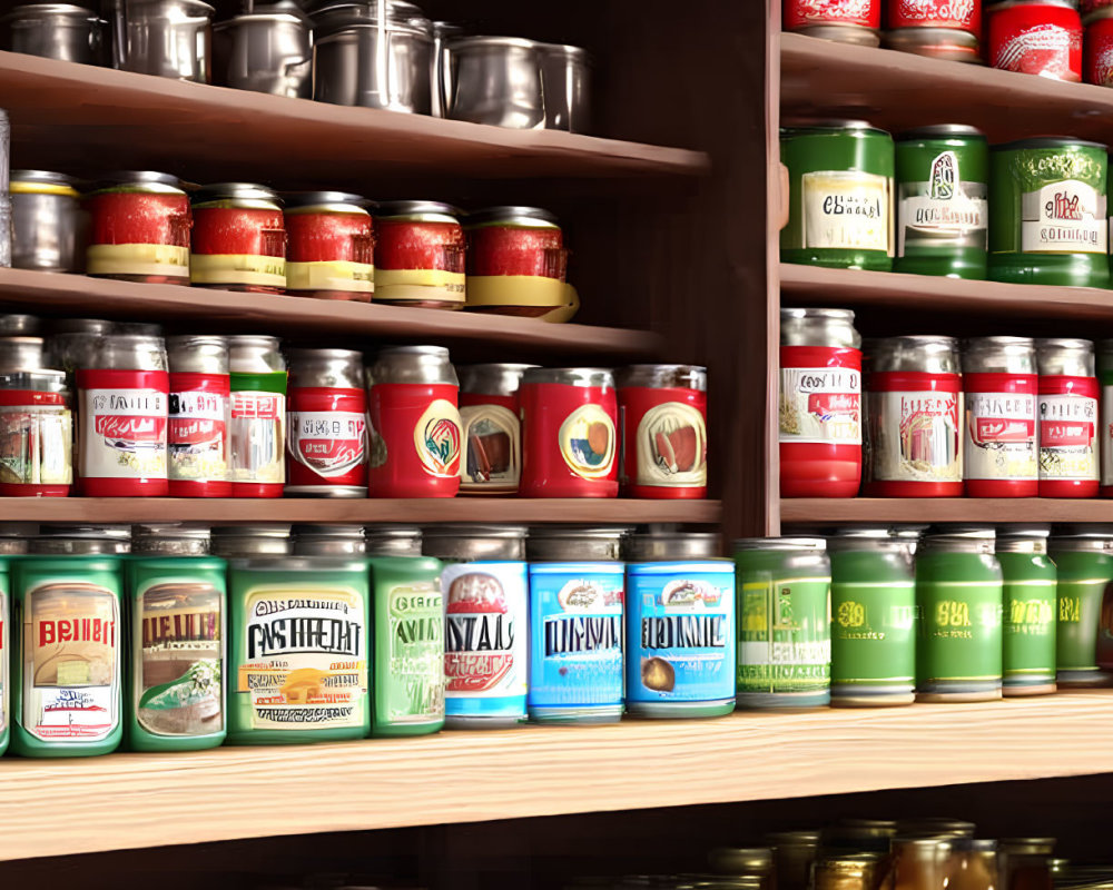 Various Canned Goods and Beverages on Wooden Pantry Shelves