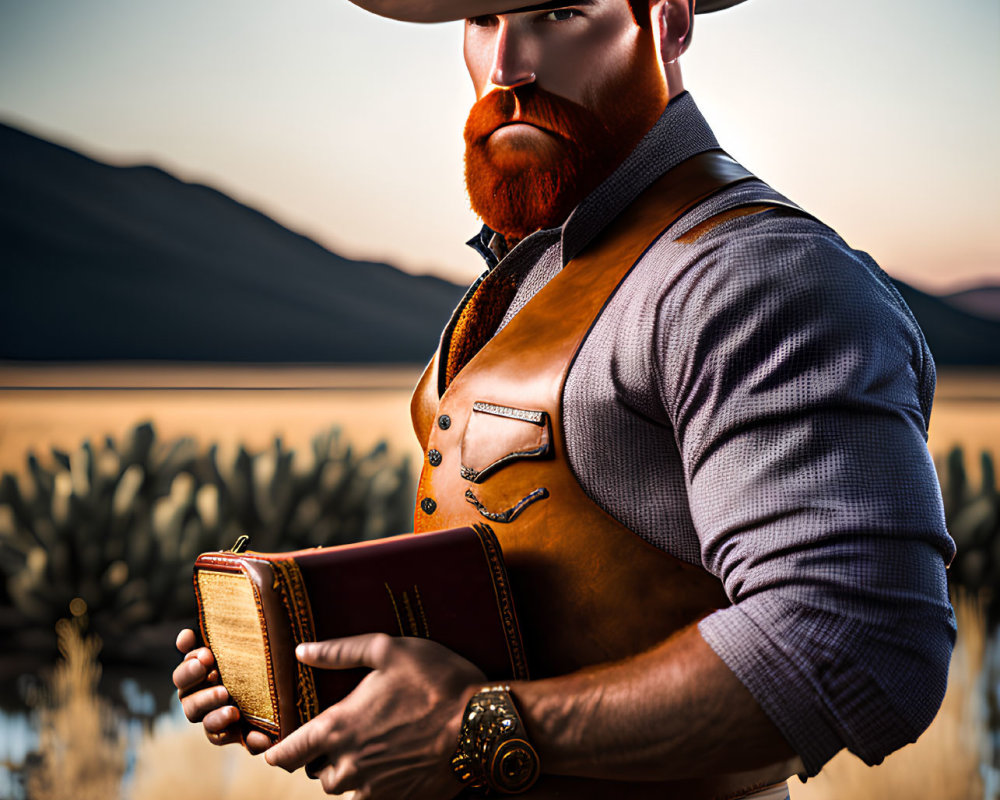 Bearded Cowboy Holding Book in Desert Landscape