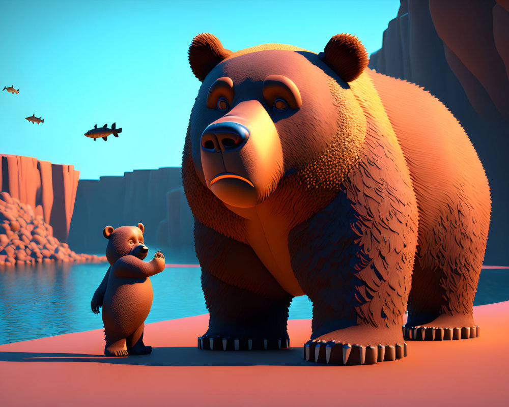 Large and small animated bears by water's edge with cliffs and flying birds in vivid scene