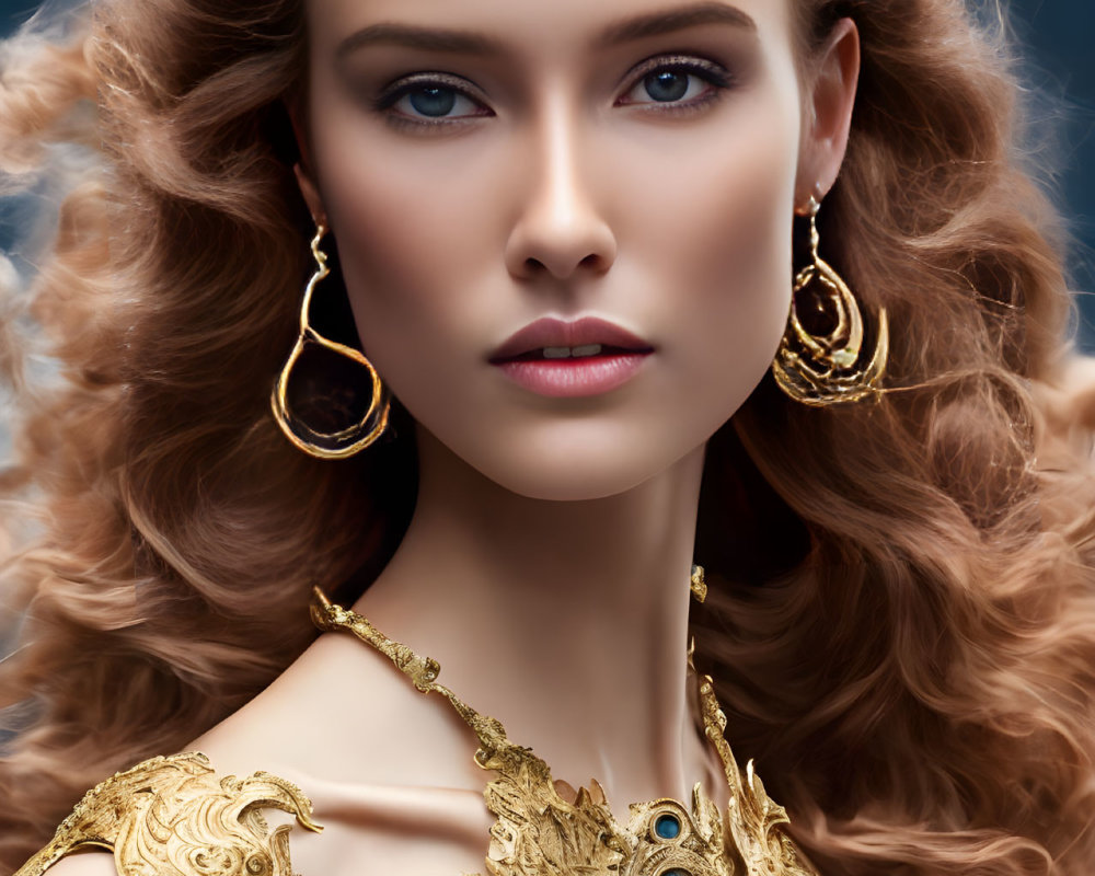 Portrait of woman with curly hair, blue eyes, and golden jewelry on blue background