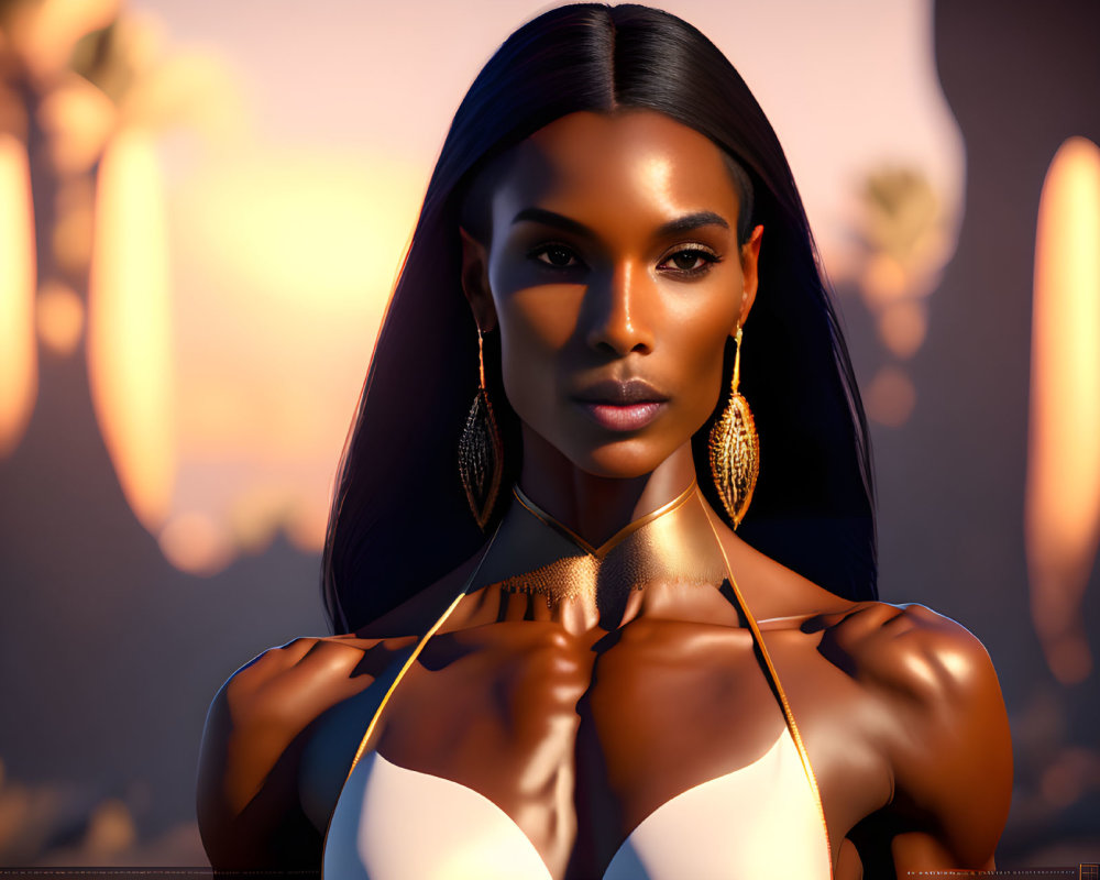 Confident woman with sleek hair and golden earrings in sunset backdrop