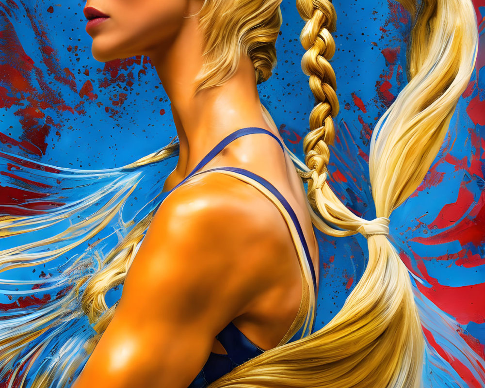 Profile View Woman with Golden Braid on Vibrant Blue Background