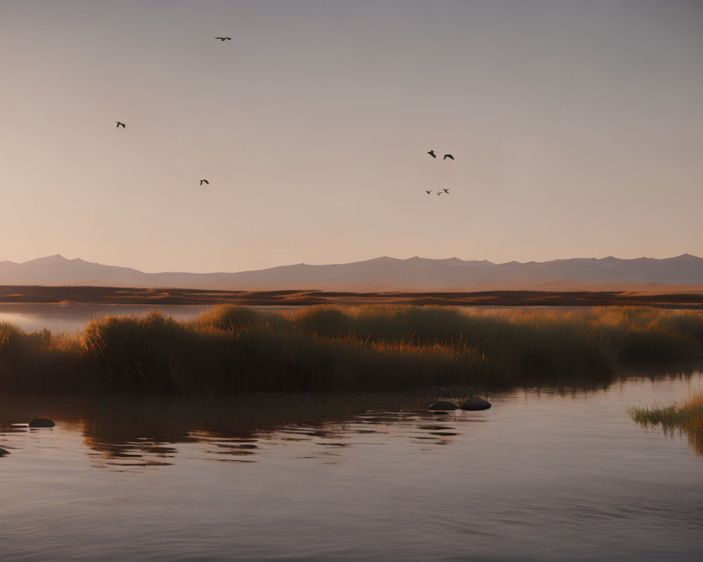 Tranquil lake sunset with reeds, birds, and distant mountains