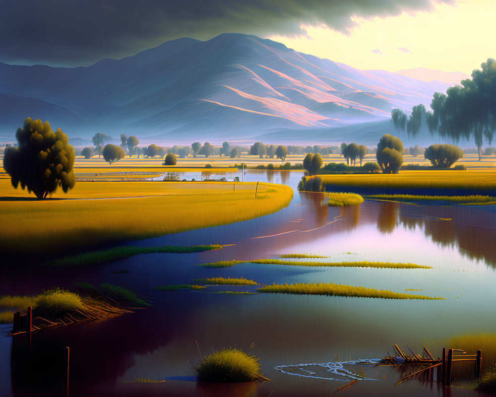 Golden sunset over serene landscape with rice fields, river, trees, and mountains