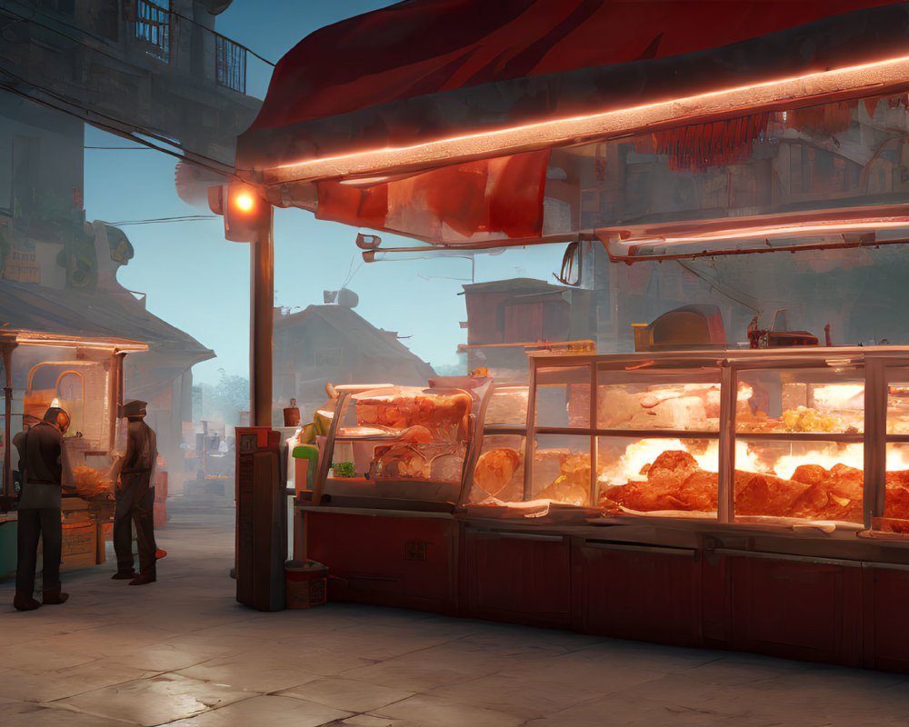 Vibrant Dusk Street Market with Food Stalls and Cozy Lighting