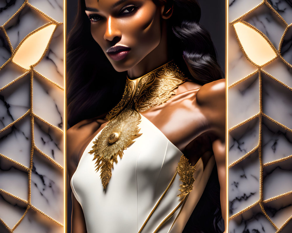Illustrated portrait of woman in golden jewelry and white dress on marble background with geometric designs.