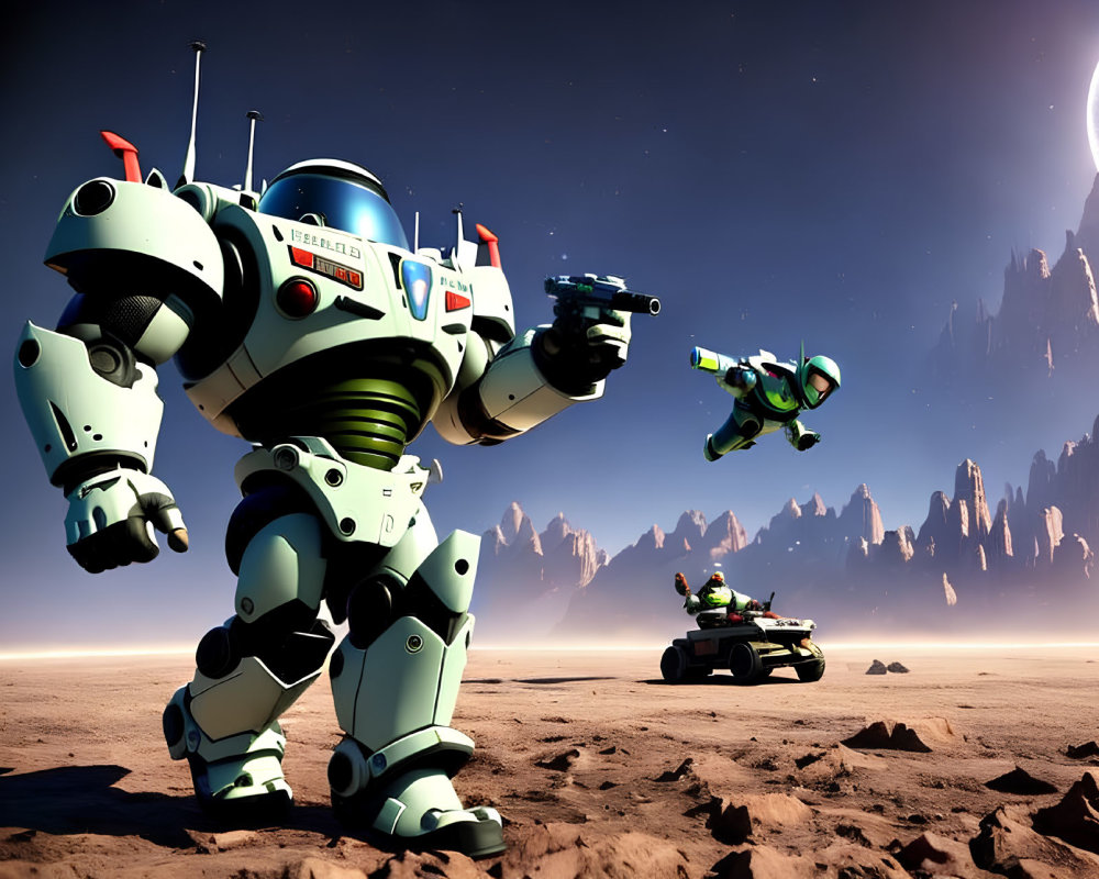 Giant robot in desert landscape with flying figure and alien terrain.