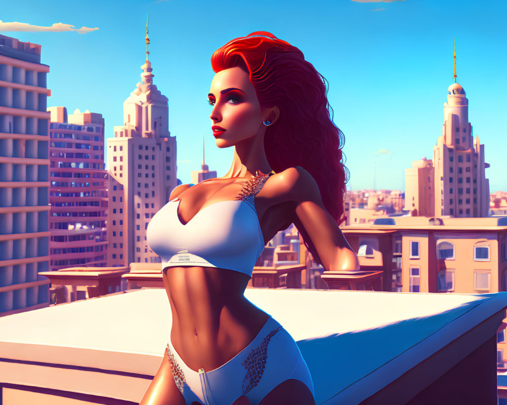 Stylized digital artwork of woman with red hair in white outfit overlooking cityscape