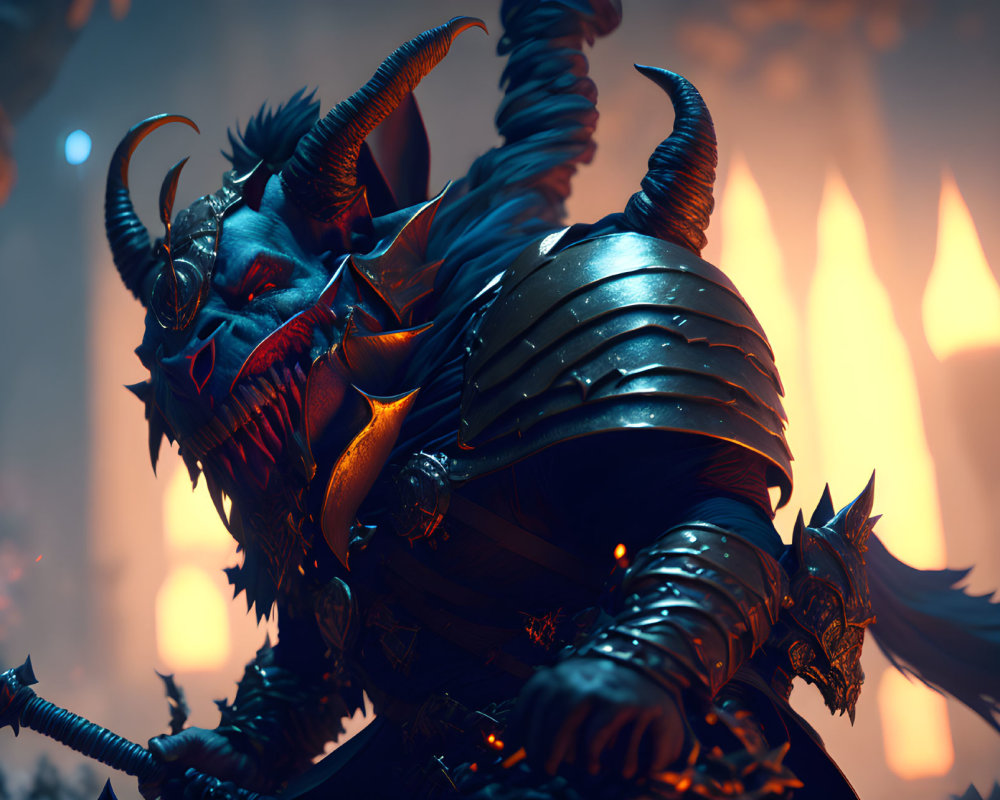 Fantasy creature with horns and glowing eyes in intricate armor on fiery backdrop