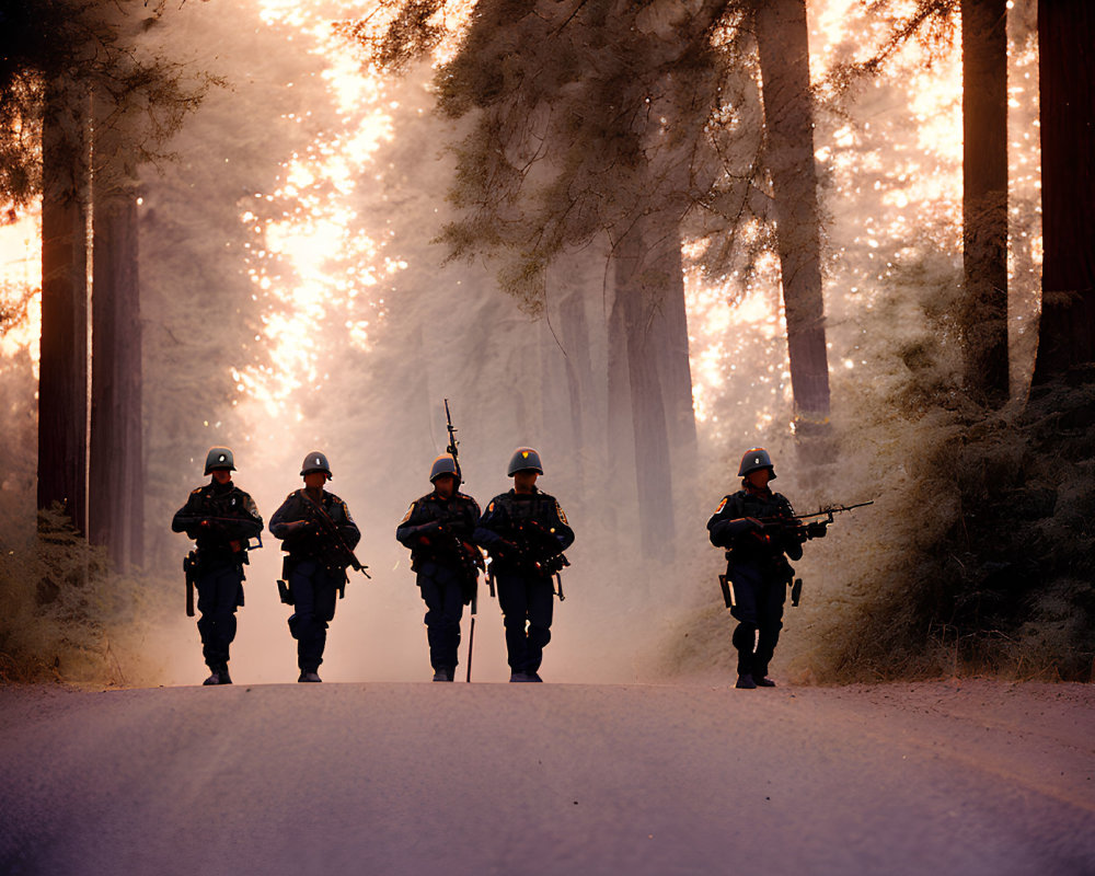Four armed soldiers in tactical gear walking down forest road at sunset