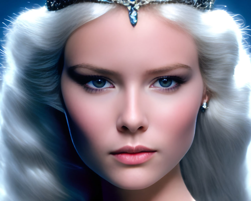 Woman with Blue Eyes in Silver Crown and Gem-Studded Blue Gown
