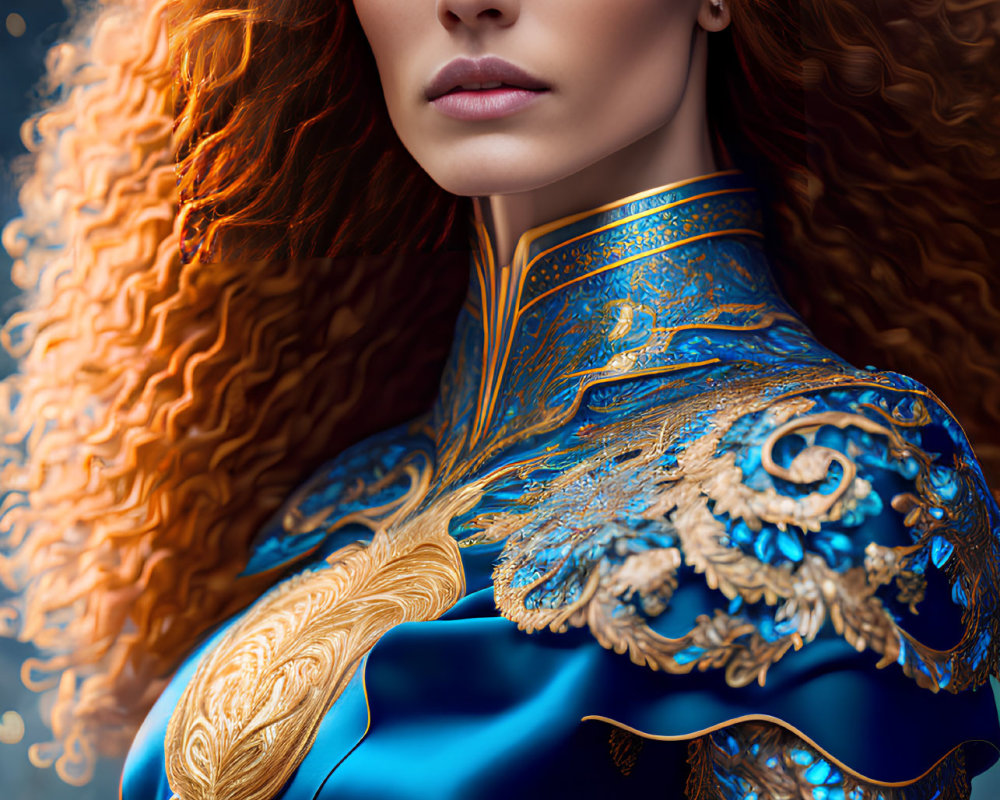 Vibrant red curly hair, blue eyes, ornate blue and gold outfit with intricate embroidery