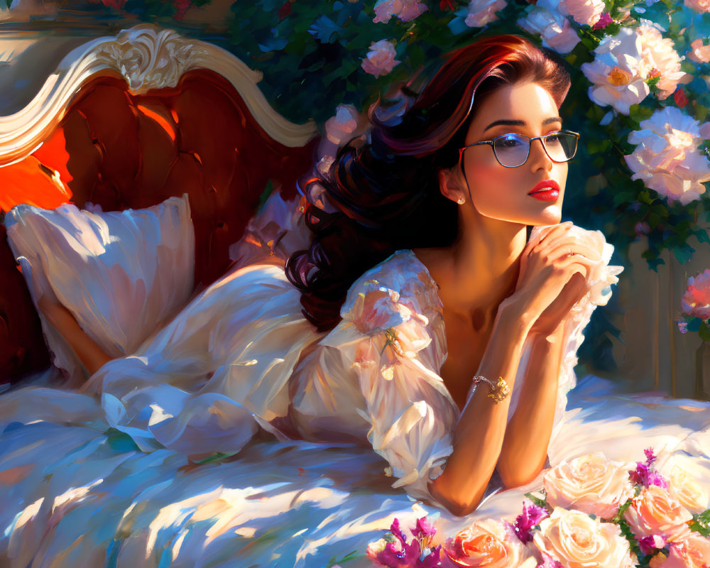 Woman with red lipstick and glasses surrounded by pink roses on a sunlit bed
