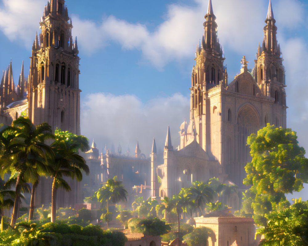 Twin-spired cathedral in tropical setting under warm sunlight