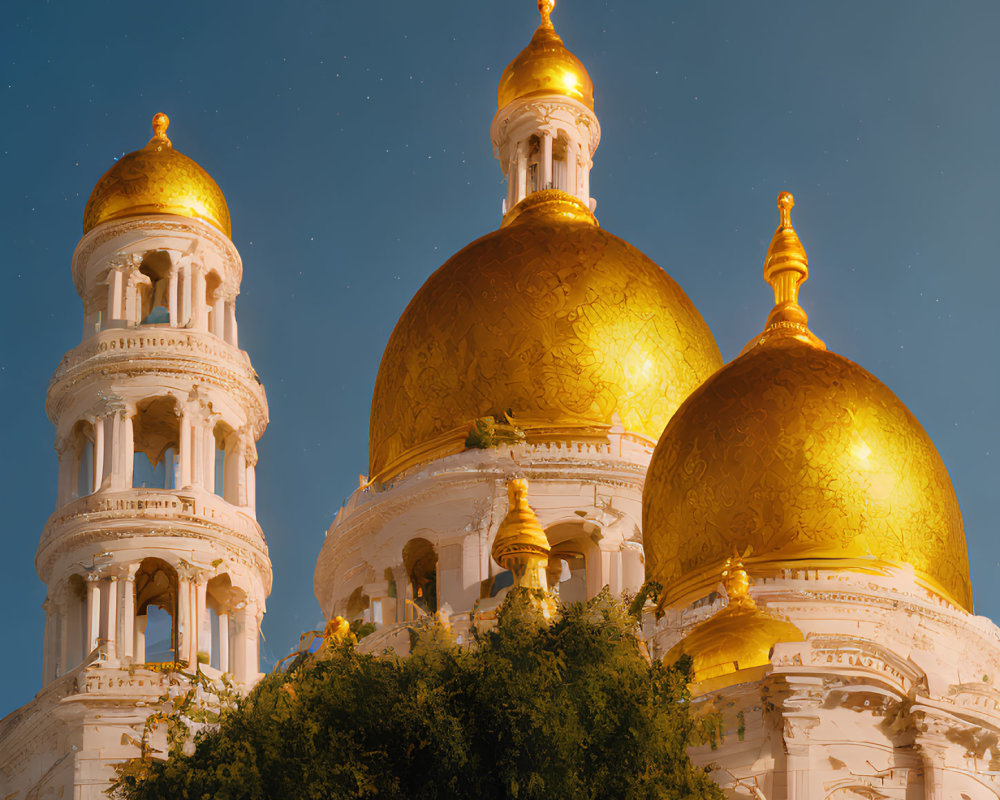 Grand building with illuminated golden domes and white tower under twilight sky.