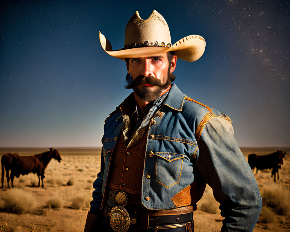 Cowboy with mustache in desert landscape with cattle under starry sky