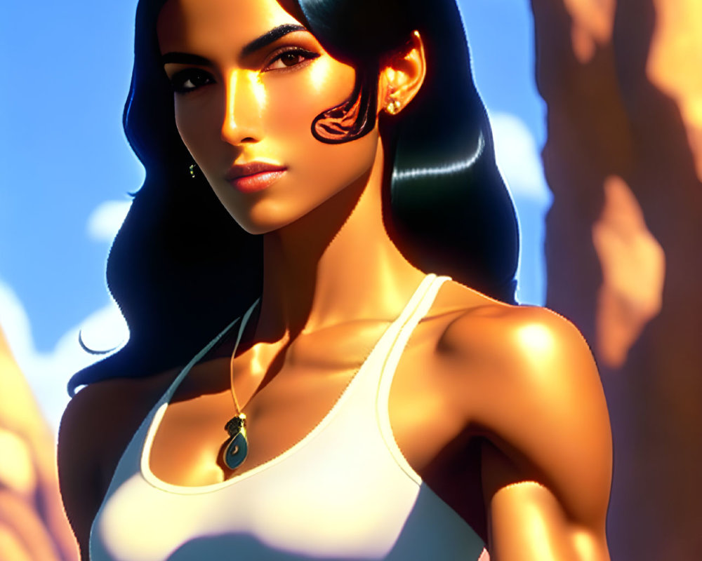 Sleek black-haired animated character with eye tattoo in white tank top