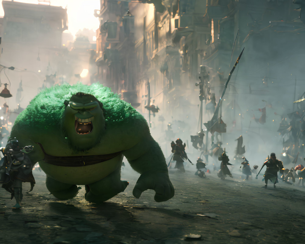 Animated green monster charges through city street with bushy back.