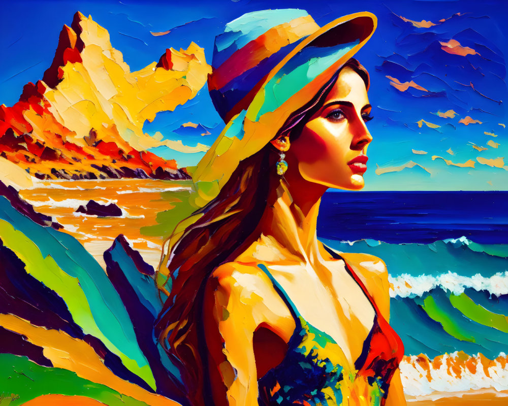 Vibrant seascape painting of a woman in a hat by the shore