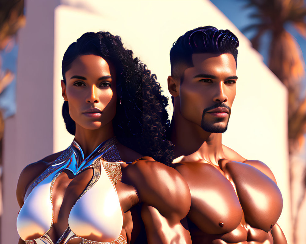 Muscular man and woman in futuristic attire under sunny sky with palm trees