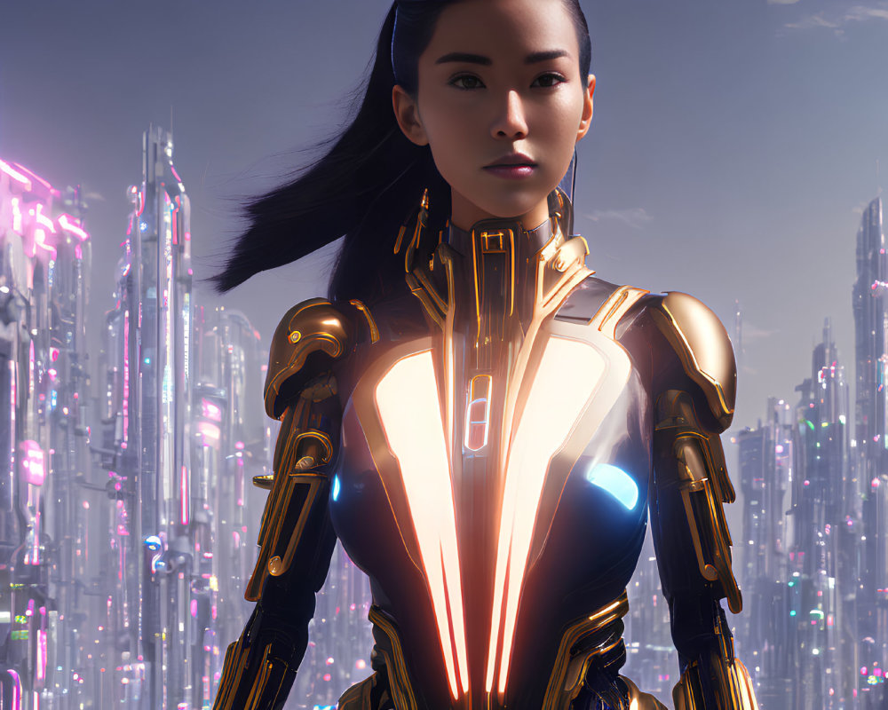 Futuristic female warrior in neon armor suit amid luminous skyscrapers
