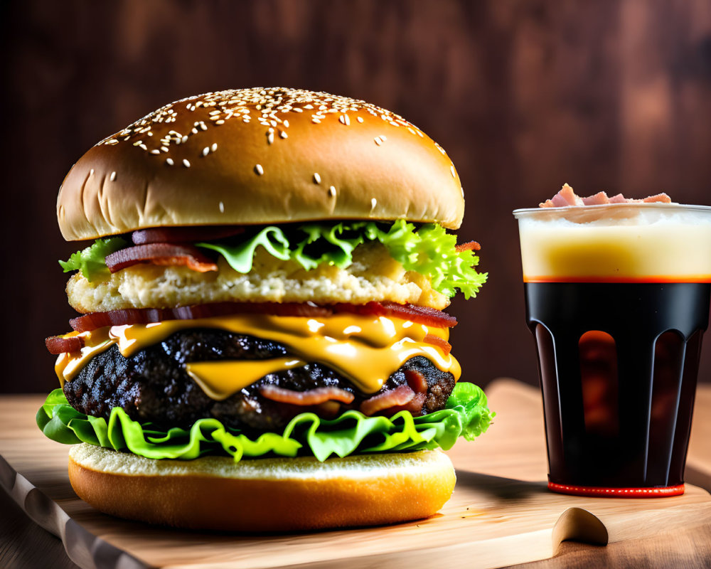 Double Cheeseburger with Bacon, Lettuce, and Sauce on Sesame Bun with Dark Beer